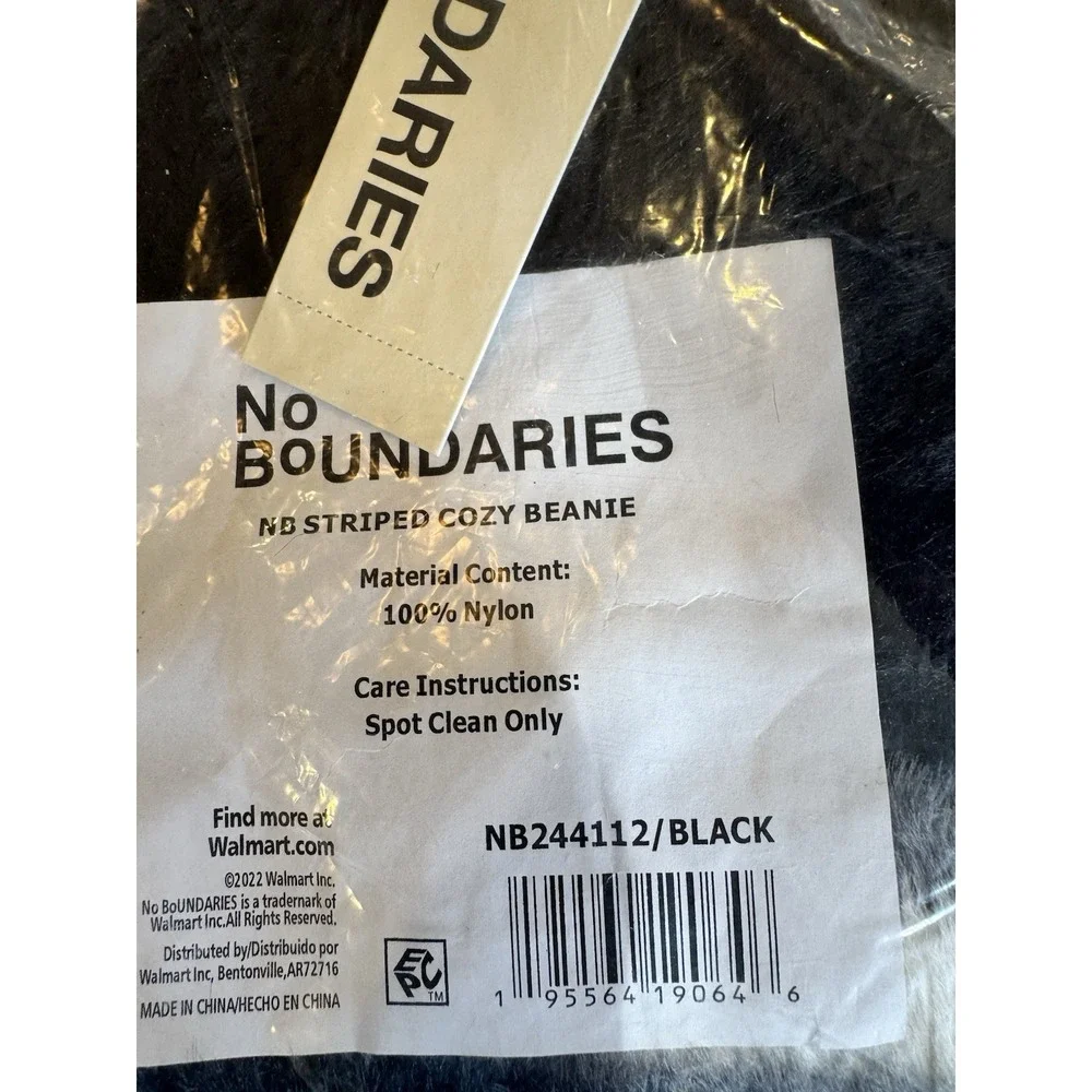 No Boundaries Black With white Stripes Cozy Beanie. NWT